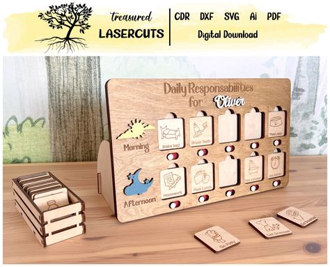 Daily Responsibilities Laser Cut, Responsibility Board SVG, Daily Chore Glowforge,  Chore Chart Laser File, Digital Download Files: -AI -CDR -DXF -SVG -PDF Materials : draftboard, mdf, plywood, wood, acrylic, etc. 36 activities included Measurements:  340x200 mm Thicknesses: 3mm 4mm 1/8 in The green/red sliders need to be made out of a thinner material than the middle layer.  Licence: You can sell the physical products), but not the files. Please contact us if you have any questions about the fi Laser Wood Projects, Glowforge Acrylic, Laser Cut Wood Jewelry, Diy Montessori Toys, Glowforge Projects, Diy Laser Cut, Mdf Plywood, Laser Cut Wood Crafts, Laser Engraved Ideas