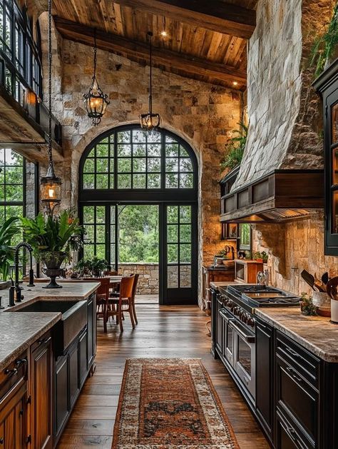 Old Stone Houses Interior, New Orleans Decor Interiors, Mansion Interior Kitchen, Ranch Style Interior Design, Gambrel House, Modern Rustic Cabin, Amish Home, New Orleans Decor, Work Kitchen