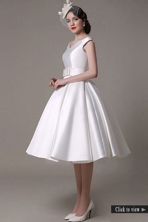 20 of the Most Vintage Tea-length Wedding Dresses for Older Bride Short Ivory Wedding Dress, Wedding Dresses 50s, Retro Bridal, Short Satin, Satin Wedding Gown, Bow Sash, Tea Length Wedding, Wedding Dresses 2018, Affordable Wedding Dresses