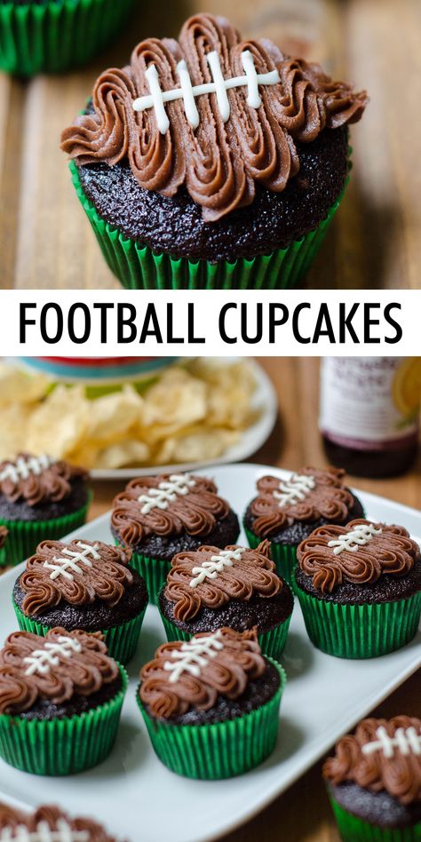 Turn any cupcake into a touchdown treat with this easy tutorial and video! These football cupcakes are perfect for your Super Bowl party, football watch parties, and birthday parties. | football cupcakes ideas boy birthday | football cupcakes easy | football cupcakes super bowl | superbowl football cupcakes Bowl Desserts, Chocolate Footballs, Superbowl Desserts, Cupcakes Decorating, Football Cupcakes, Savory Cakes, Shugary Sweets, Football Cake, Football Decorations