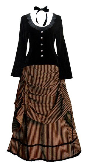 Late Victorian Dress Costume                                                    Victorian Valentine Steampunk Gothic Civil War Striped Womens Top & Skirt                               $142.00 AT vintagedancer.com Steampunk Costume Dress, Edwardian Steampunk Fashion, Victorian Outfits Women Modern, Dickens Costumes Women, Diy Victorian Dress, Historybounding Fashion, Diy Victorian Costume, Dickens Fair Costume, Cotton Victorian Dress For Dressmaking