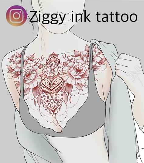 Tattoo Ideas Female Chest For Women, Peony Chest Tattoo Female, Mandala Chest Tattoo Female, Chest Mandala Tattoo, Ziggy Tattoo, Female Chest Tattoo, Mandala Chest Tattoo, Chest Tattoo Design, Chest Tattoo Female Upper