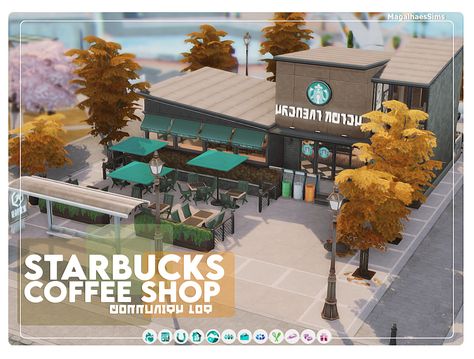 STARBUCKS COFFEE SHOP - MAXIS-MATCH CC BUILD Sims 4 Starbucks Build, Sims4 Starbucks, Sims 4 Coffee Shop, Sims 4 Cafe Cc, Sims 4 Restaurant Cc, Sims 4 Cafe, Sims4 Builds, Ts4 Builds, Sims 4 Restaurant