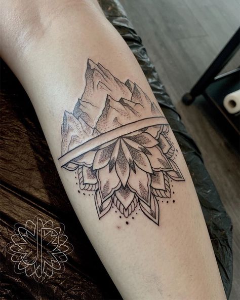 Reflection concept !- try with tree and river? #tattoo#mandala#mandalatattoo#mountain#mountaintattoo#dot#dotwork#dottattoo#dotworktattoo#ink#inked#tattooartist#tattooist#artist#love#lovemyjob Nature Healing Tattoo, Sunflower And Mountain Tattoo, Mandala Mountain Tattoo, Geometric Mountain Tattoo Design, Mountain Mandala Tattoo, Mountain Reflection Tattoo, Tree And River Tattoo, Mountain And Flower Tattoo, Mandala Mountain