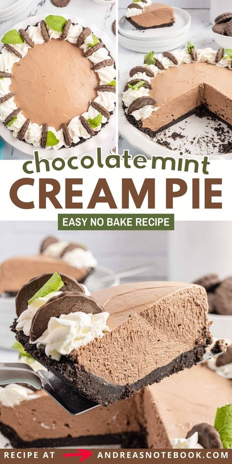 Make a creamy no bake chocolate mint pie with a chocolate cookie crust. Easily whip up this no bake chocolate cream pie recipe with simple ingredients. No baking involved! Make the cookie pie shell and fill with the homemade mint chocolate cheesecake filling. This pie is a huge hit! Instructions included for making a gluten-free chocolate pie.