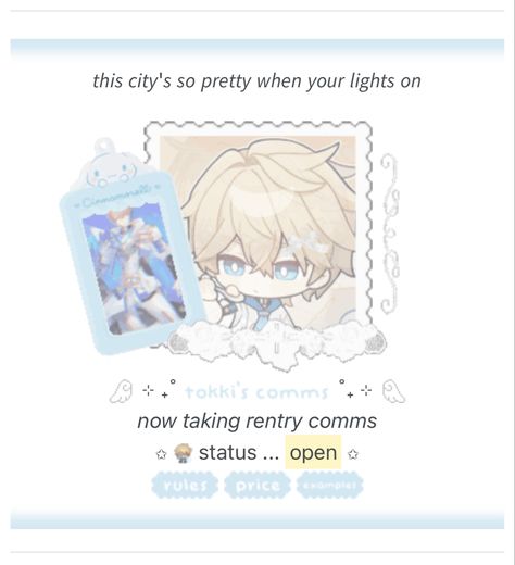 now taking comms... gepard landau. honkai star rail. honkai. hsr. gepard honkai. rentry inspo. site inspo. cute site. carrd inspo. cute carrd. rentry commissions. baby blue. pastel blue site. angelcore. soft. angel. cinnamoroll. aespa lyrics. Carrd Inspo Commission, Angel Cinnamoroll, Rentry Comms, Aespa Lyrics, Edited Pfp, Rentry Resources, Rentry Ideas, Star Rail Honkai, Banners Discord