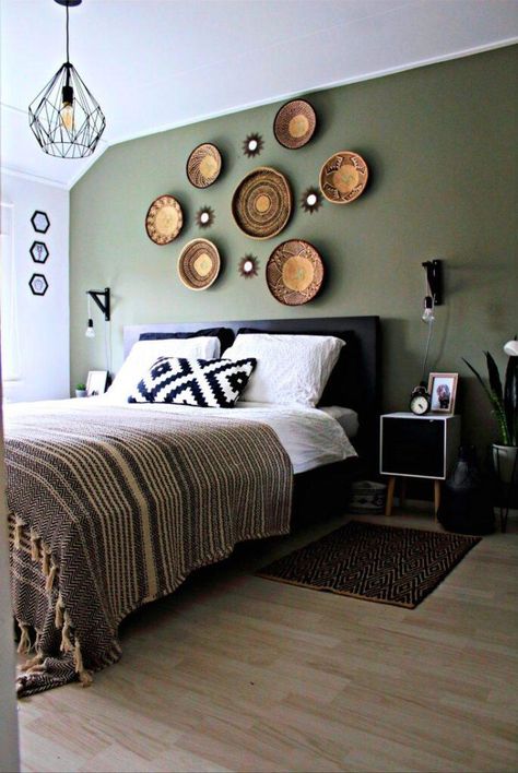 African Baskets On Wall, African Bedroom, Olive Bedroom, Green And White Bedroom, Olive Green Bedrooms, Green Bedroom Walls, African Interior, Sage Green Bedroom, African Home Decor