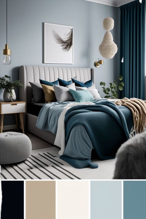 Light Blue Color Palette Bedroom, Spare Room Colour Scheme, Calm Bedroom Colors Cozy Colour Schemes, Pale Blue Bedroom Ideas, Light Blue Bedroom Aesthetic, Muted Blue Color Palette, Spare Bedroom Ideas Guest Rooms, Pale Blue Bedroom, Light Blue Color Scheme