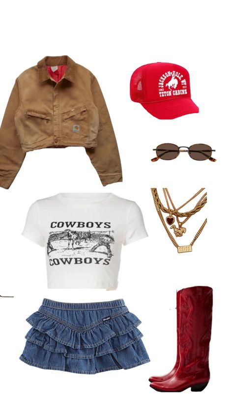 Denim skirt outfit for a rodeo. Ted vintage trucker hat with red cowgirl boots Trucker Hat Outfit Fall, Red Cowboy Hat Outfit, Red Cowgirl Outfit, Red Cowgirl Boots Outfit, Hat Outfit Fall, Red Boots Outfit, Red Cowboy Hat, Red Cowboy Boots Outfit, Trucker Hat Outfit