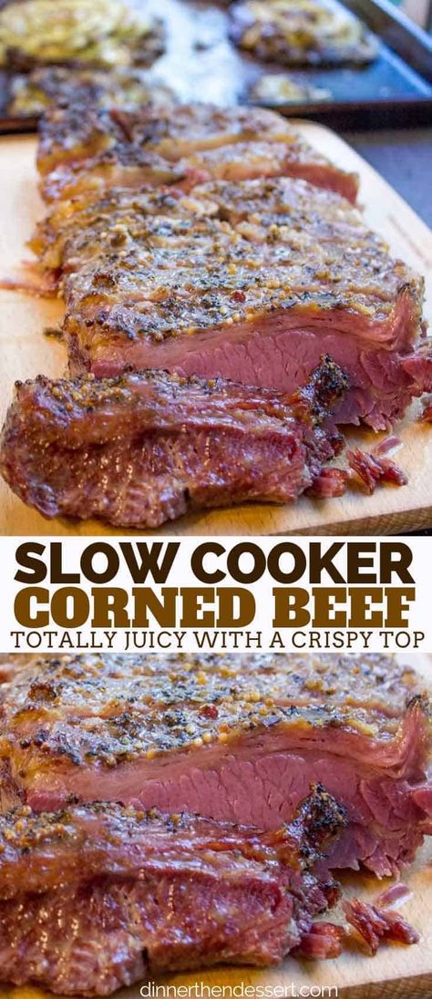 Crispy Slow Cooker Corned Beef with perfectly juicy slices of beef and crispy crust this is the only corned beef recipe you'll ever use! #slowcooker #crockpot #cornedbeef #stpatricksday #dinner #beef #sandwiches #dinnerthendessert Corned Beef Recipes Slow Cooker, Corned Beef Recipe, Slow Cooker Corned Beef, Cooking Corned Beef, Dinner Beef, Beef Sandwiches, Corned Beef Brisket, Corned Beef Recipes, Diner Recept