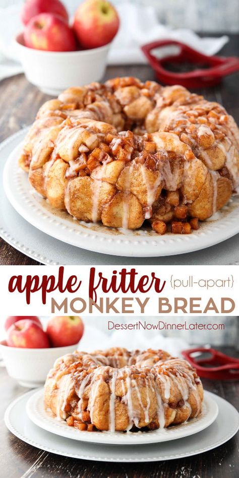 Apple Fritter Monkey Bread is an easy and delicious pull apart bread with chunks of caramelized apples, sticky cinnamon-sugar, and a light glaze. Fashioned after your favorite donut, this apple fritter bread makes a tasty breakfast or dessert. #ad @rhodesbread // #applefritters #applefrittersrecipe #applefritterbreadrecipe #pullapartbread Fall Monkey Bread Recipe, Best Fall Apple Desserts, Biscuits Ideas Canned, Christmas Apple Desserts, Biscuit Recipe Ideas, Apple Desserts Recipes, Apple Fritter Monkey Bread, Creative Dessert Ideas, Biscuit Desserts