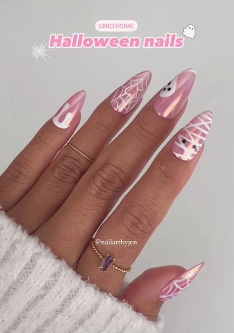 Cute Halloween Nail Designs Almond, Halloween Nail Ideas Almond Shape, Pink Chrome Halloween Nails, Pink Spooky Nails Almond, Pastel Ghost Nails, Pink Halloween Nails Simple, Pink And White Halloween Nails, Halloween Oval Nails, Spooky Nail Designs Ideas For Halloween