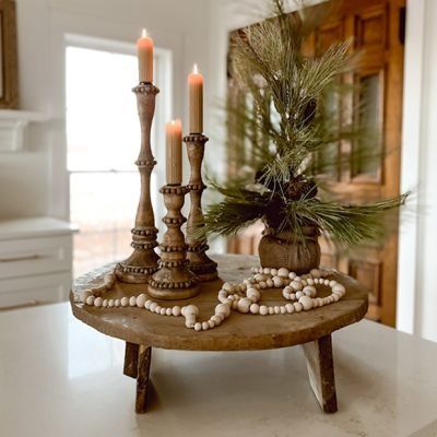 SEASONS OF STYLE | Shop Sales Events Antique Farmhouse Gold Christmas Bells, White Gold Christmas, Holiday Dining Room, Wooden Riser, Cabin Gifts, Gingerbread Christmas Tree, Wood Bead Chandelier, Farmhouse Sideboard, Christmas Tree On Table