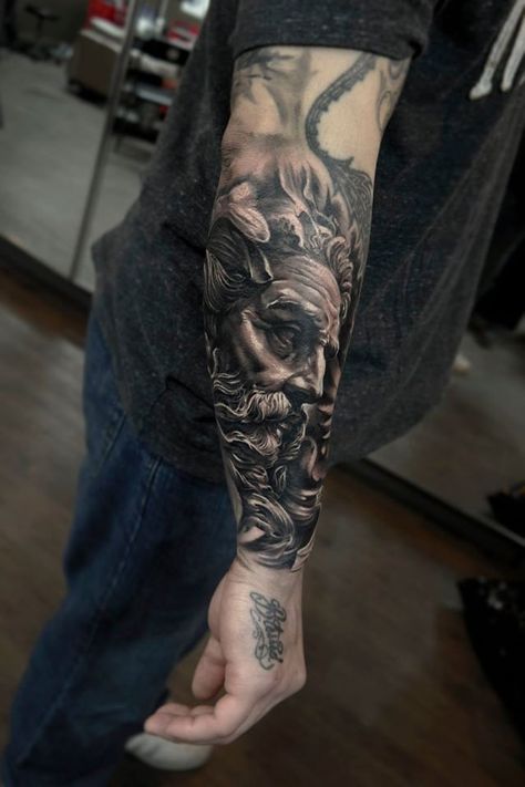 Tattoo God, Black Work Tattoo, Toronto Tattoo, Greek God Tattoo, Half Sleeve Tattoos Forearm, Poseidon Tattoo, Zeus Tattoo, God Tattoo, Realistic Tattoo Sleeve