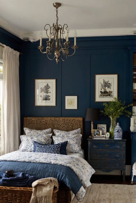 home decoration, bedroom design, interior decorating, paint colors Dark And Light Blue Bedroom, Dark Blue Primary Bedroom, Blue Dark Academia Bedroom, Bedroom Designs Minimalist, Light Bedrooms, Dark Bedrooms, Bedroom Modern Minimalist, Modern Industrial Living Room, Wall Decor Trends