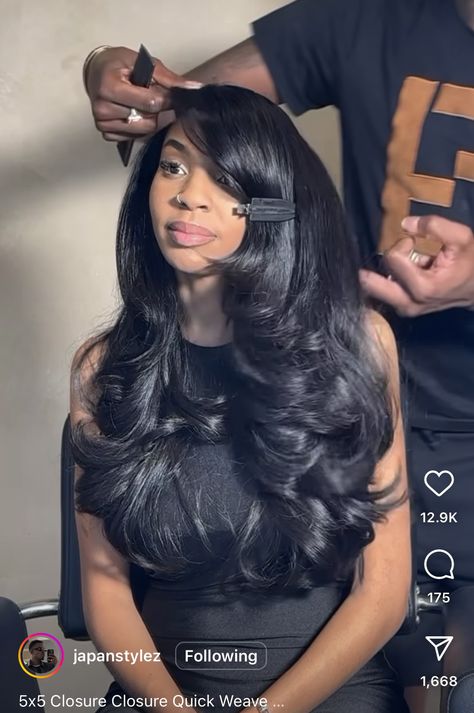 Thick Sew In, Jet Black Buss Down Middle Part Straight, Voluminous Hair Black Women, Heatless Curls Black Women, Middle Part Hairstyles Straight Hair, Blown Out Hair Black Women, Middle Part Hairstyles For Black Women, Buss Down Middle Part, Side Part Quick Weave