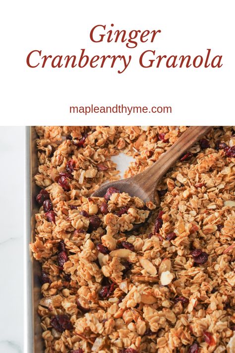 This super crispy granola is flavored with fresh ginger and filled with almonds, hazelnuts, crystalized ginger and dried cranberries. Perfect as a snack on the go or in a bowl of greek yogurt with some slices of seasonal citrus. Ginger Granola, Macadamia Nut Pancakes, Simple Granola, Crispy Granola, Crystalized Ginger, Easy Granola Recipe, Crystallized Ginger, Granola Recipe Healthy, Cinnamon Roll Recipe Homemade