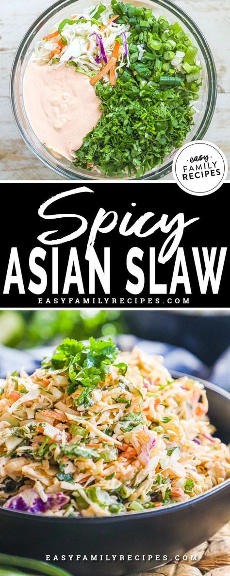 Easy Asian Slaw Recipe, Spicy Coleslaw Recipe, Slaw For Tacos, Asian Coleslaw Recipe, Creamy Slaw, Asian Slaw Recipe, Spicy Coleslaw, Salads Bowls, Bbq Pork Sandwiches