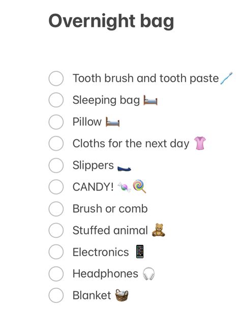 This is a list of what to pack for a sleepover Packing Sleepover List, Aesthetic Sleepover Packing List, 1 Night Trip Packing List, What To Bring To A Sleep Over, Sleepover What To Pack, 1 Night Sleepover Packing List, Things To Bring To A Sleepover Checklist, What To Pack For A Sleepover At Grandmas, One Night Sleepover Packing List