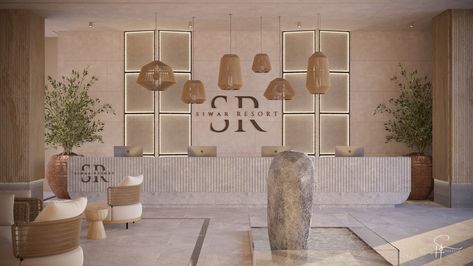 SIWAR - Hotel Reception Wabi-Sabi on Behance Boho Hotel Lobby, Wabi Sabi Reception Design, Wabi Sabi Hotel Lobby, Wabi Sabi Lobby, Japandi Reception Desk, Resort Reception Design, Japandi Reception, Wabi Sabi Reception, Wabi Sabi Hotel