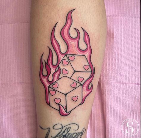 Pink Dice Tattoo, Dice On Fire Tattoo, Beginner Tattoo Designs, Seasonal Tattoos, Flaming Dice Tattoo, Valentines Tattoo Flash, Black And Pink Tattoo, Pink Tattoo Aesthetic, Valentines Tattoos