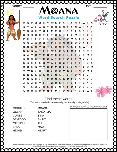 Word search for kids about the Disney movie Moana. She is one of the official Disney princesses. This word search features 14 words related to the movie. Disney Printables Free Activities, Moana Worksheets, Disney Word Search Printables, Moana Activities, Disney Word Search, Disney Printables Free, Disney Road Trip, Word Puzzles For Kids, Catchy Songs