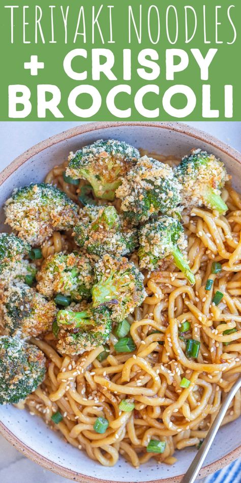 These Teriyaki Noodles with Crispy Broccoli come together quickly and easily, without skimping on flavor! The homemade sauce is packed with garlic and ginger and coats the noodles perfectly. The crispy broccoli is baked in the oven and adds the perfect crunch to this Asian inspired dish. #teriyakisauce #saucynoodles #crispybroccoli #vegetarian #veganfood Ramen And Broccoli, Broccoli Asian, Noodles With Broccoli, Asian Broccoli, Crispy Broccoli, Teriyaki Noodles, Vegetarian Ideas, Garlic And Ginger, Work Lunches