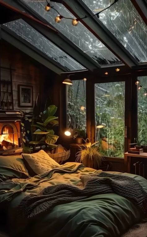 Dark Bedroom Ideas Cozy Boho, Bedroom With Glass Ceiling, Cozy Bedroom Rain, Cozy Forest House, Diy Fall Wreaths, Rain Room, Romantic Forest, Cozy Forest, Cabin Modern