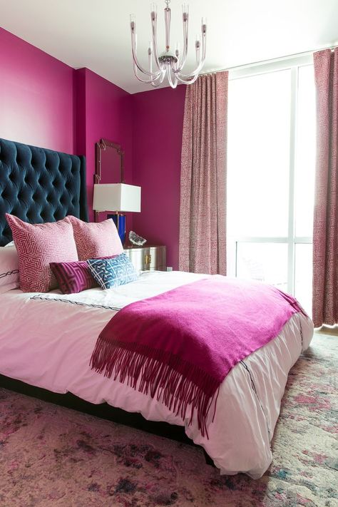 Small Pink Bedroom, Fuschia Bedroom, Magenta Bedrooms, Aesthetic Pink Bedroom, Bedroom Aesthetic Pink, Teal Headboard, Pink Bedroom Aesthetic, Pink Bedroom Decor Ideas, Hot Pink Room