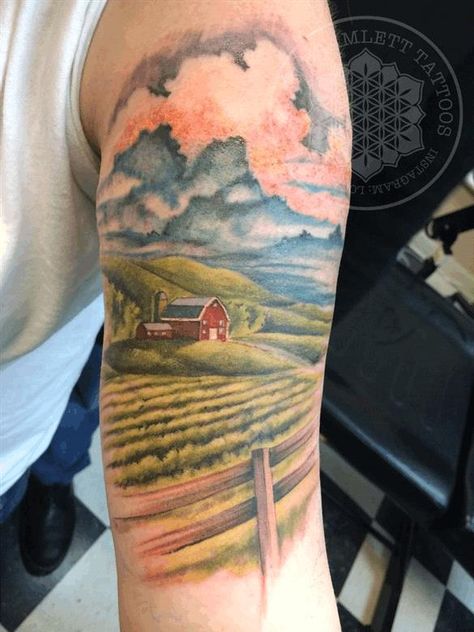 Farm Tattoos, Half Sleeve Tattoos Lower Arm, Farm Tattoo, Wheat Tattoo, Canadian Tattoo, Wanderlust Tattoo, Cow Tattoo, Full Sleeve Tattoo Design, Landscape Tattoo