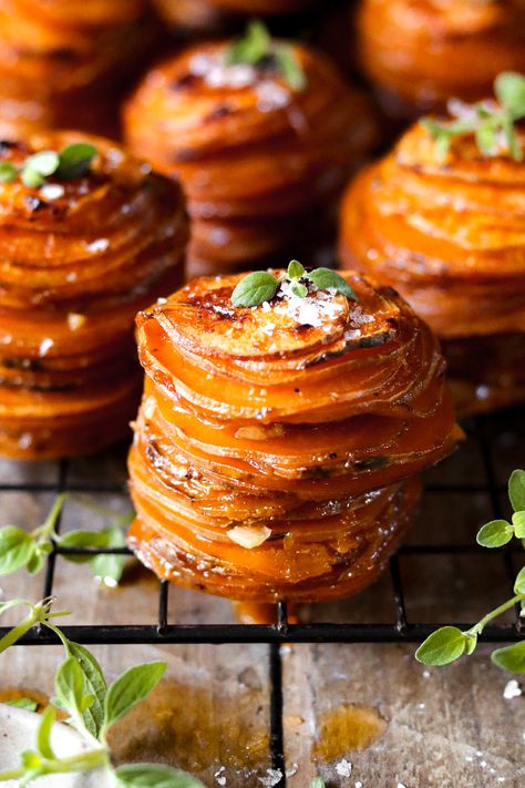 parmesan honey butter sweet potato stacks – The Foul-Mouth Gourmet Gourmet Thanksgiving, Sweet Potato Stacks, Sweet Potato Thanksgiving, Potato Stacks, Sweet Potato Kale, Crispy Sweet Potato, Thanksgiving Side Dish, Vegetarian Thanksgiving, Okay Okay