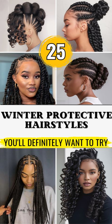 Discover 25 trendy winter protective hairstyles for women and kids, perfect for maintaining natural hair. From long braids for black women to cute braided styles for kids, these hairstyles protect your hair during the colder months while keeping it stylish. Opt for locs, curly braids, or weave to create a versatile look that works for all hair types, including 4c and natural black hair Hairstyles For Long Hair For Black Women, Chic Braids For Black Women, Work Braids For Black Hair, Birth Hairstyles For Black Women, Formal Protective Hairstyles, Easy Quick Braided Hairstyles Black, Large Knotless Twist Braids, Protective Hairstyles Ponytail, Braids For Winter Protective Styles