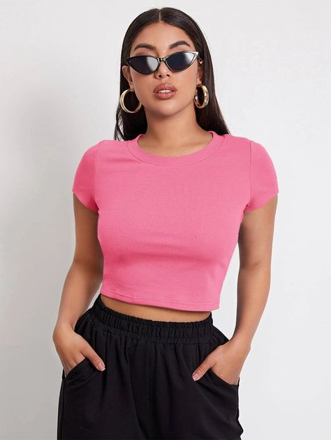 SHEIN Rib-knit Crop Top | SHEIN USA Purple Top Outfit, Crop Top Outfits Summer, Lilac Crop Top, Purple Crop Top, T Shirt Crop Top, Rib Knit Top, Top Shein, Summer Crop Tops, Crop Top Outfits