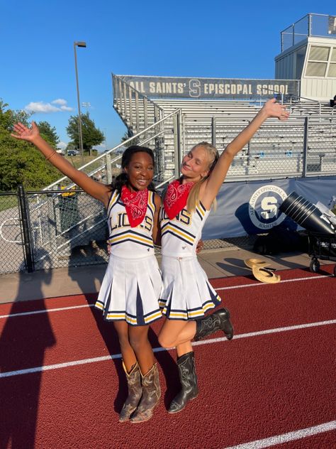 Western Pep Rally Outfits, Western Cheer Theme, Cheer Pep Rally, Cheerleading Football Game, Country Night Football Game Theme, Western Night Football Game, Football Season Cheer Pictures, Football Game Cheer Stunts, Cheers Theme