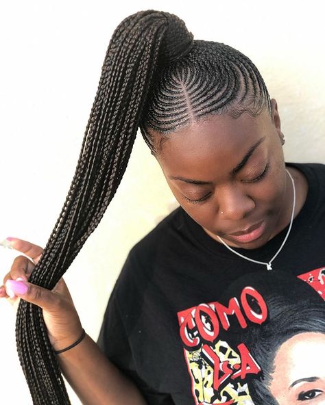 Cute Scalp Braids, Small Lines Hairstyle, High Braided Ponytail, Braided Hairstyles 2022, Braid Hairstyles With Weave, Summer Cornrows, Cornrow Ponytail Styles, Braids 2022, Small Feed In Braids