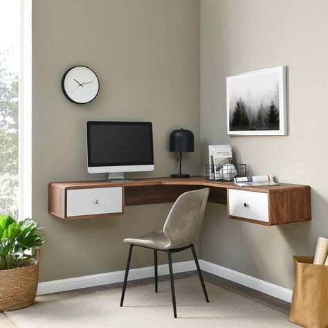 PRICES MAY VARY. MID-CENTURY OFFICE DESK - Boasting a retro modern silhouette, this corner desk brings mid-century style to your home office encouraging focus and productivity all day long SPACIOUS STORAGE - This desk features two full-extension drawers offering ample storage for all your office essentials. White lacquer drawer fronts and chrome metal hardware add a stylish touch FUNCTIONAL USE - Whether mounted in the home office space, study, bedroom, or dorm room, versatility abounds with thi Floating Desk Corner, Floating Corner Computer Desk, Corner Small Desk, Tiny Corner Desk, Tiny Office Corner, Mini Office In Bedroom, Tiny Home Office In Bedroom, Tiny Desk Space, Corner Office Space In Living Room