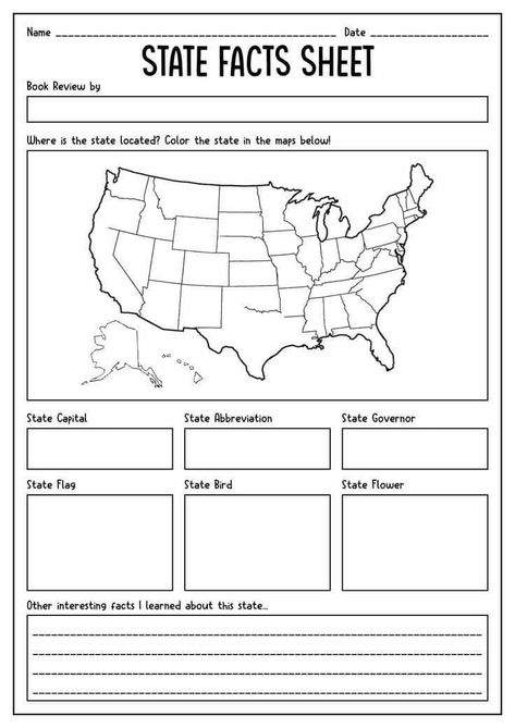 Individual State Printables, State Facts Printable, Kindergarten Geography Worksheets, State Printables Free, 50 States Worksheets Free Printables, State Worksheets Free Printable, State Project Ideas, State Report Projects, States Worksheets