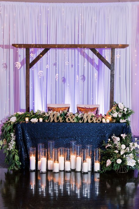 Celestial Sweetheart Table, Celestial Wedding Sweetheart Table, Celestial Wedding Ideas, Sweetheart Table Ideas, Celestial Wedding Theme, Galaxy Wedding, Blue Bride, Sweetheart Table Wedding, Wedding Arbour