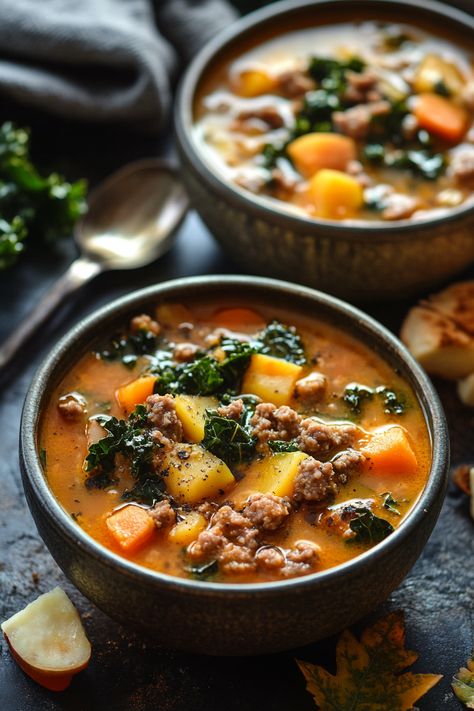 Cozy up this fall with our hearty soup packed with kale and savory sausage! Perfect for chilly nights—click to savor the warmth in every bowl! 🍂🥣 #FallFlavors #SoupSeason Soup With Pork Sausage, Cozy Autumn Soup, Fall Stews And Soups, Fall Harvest Soup, Lunch Soup Ideas, Fall Soup Recipes Ground Beef, Kale Meals, Breakfast Soup Recipes, Fall Stews