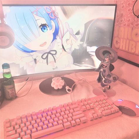 Girly Setup, Razer Quartz, Ice Queen Adventure Time, Rem Re Zero, Game Room Kids, Kawaii Bedroom, Otaku Room, Gamers Anime, Gamer Room Decor