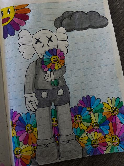 Kaws Inspired Art, Murakami Flower Drawing, Kaws Flower Drawing, Kaws Drawing Sketch, Drawing Ideas Kaws, How To Draw Kaws, Murakami Flower Painting Canvas, Kaw Drawings, Kaws X Murakami