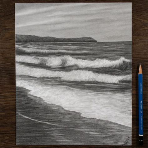 Beach Pencil Drawings, Sea Sketch Pencil, Waves Sketch, Beach Sketches, Ocean Drawing, Sea Drawing, Beach Drawing, Beach Things, Beach Art Painting