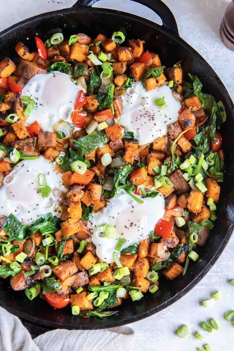 Sweet Potato Hash Recipe - Kristine's Kitchen Sweet Potato Hash Dinner, Sweet Potatoes Breakfast Recipes, Sweet Potato And Eggs Breakfast, Sweet Potato Hash Breakfast, Sweet Potato Egg Breakfast, Sweet Potato Kale Hash, Potato Hash Breakfast, Sweet Potato Breakfast Recipes, Sweet Potato Breakfast Bowl