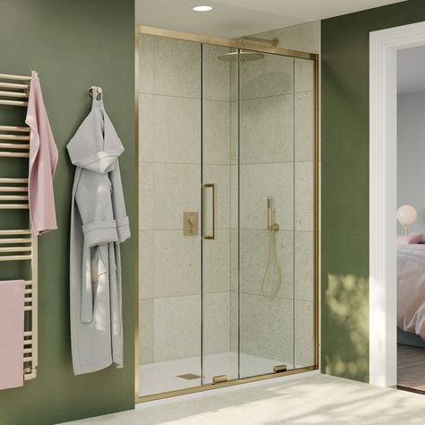 Shower Tray Ideas, Gold Shower Door, Single Sliding Door, Turkish Bathroom, Shower Trays, Pvc Door, Brass Components, Gold Shower, Door Entry