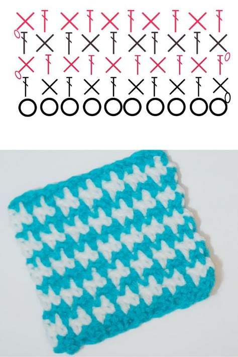 The pattern is still popular to this day in tweed and wool fabrics. It is a two-tone pattern with abstract four-pointed shapes, most often in black and white. The pattern is usually used for coats and jackets, however it can also be found on dresses and skirts.  This easy crochet houndstooth stitch is one is the simplest that I have found. We will be alternating single crochet and the double crochet stitch, then switching colors at the end of each row. #crochethoundstoothstitch Karpet Perca, Double Crochet Stitch, Granny Square Crochet Pattern, Crochet Lovers, Crochet Stitches Tutorial, Crochet Instructions, Crochet Stitches Patterns, Crochet Diagram, Crochet Stitch