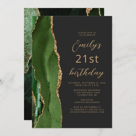 Hunter Green Gold Agate Slate Script 21st Birthday Invitation Emerald Green 21st Birthday, Green 21st Birthday Ideas, Emerald Green Invitation Template, Emerald Green Invitation Template Blank, Green And Gold Invitation Template, Green And Gold Birthday Invitation, 21st Invitations, Birthday Canvas, 80th Birthday Invitations