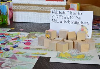 Ruby in the Rough: Vintage Storybook Baby Shower, Decorate-a-Block station Block Decorating Station, Baby Shower Activities For Guests, Thrifted Books, Decorate A Block, Ideas For Baby Shower, Vintage Storybook, Storybook Baby Shower, Baby Bash, Boy Baby Shower Ideas