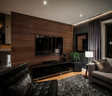 TV Wall Panel – 35 Ultra Modern Proposals | Decor 10 Creative Home Design                                                                                                                                                     More Modern Living Room Black, Tv Wall Panel, Ruang Tv, Tv Mounted, Modern Tv Wall, Wood Slat Wall, Wall Panel Design, Accent Walls In Living Room, Tv Wall Design