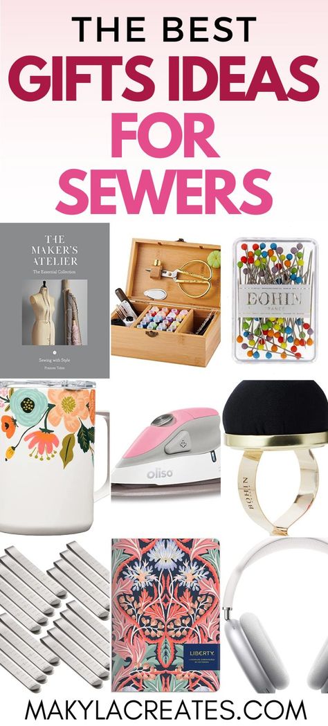 Gift guide ideas, 1. sewing book the makers atelier, 2. sewing box, 3. glass pins, 4. mug, 5. small iron, 6. a wrist pin cushion, 7. hemming pins, 8. a notebook, 9. airpod max headphones Unique Gifts For Sewers, Best Gifts For Sewers, Gifts For Sewers Diy, Christmas Gifts For Sewers, Gifts For Sewing Lovers, Sewing Gifts For Friends, Gifts For Sewers, Gifts For Crafters, Sewing Gift Ideas