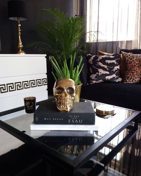 Skull Interior Design, Goth Coffee Table Decor, Skull Table Decor, Gothic Coffee Table Decor, Moody Coffee Table Decor, Skull Living Room, Gothic Coffee Table, Goth Living Room, Leopard Home Decor